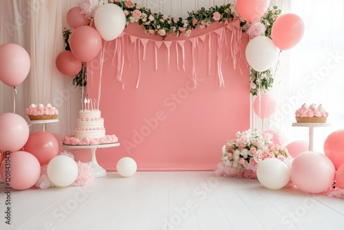 Pink first birthday backdrop, studio setup, cake, balloons