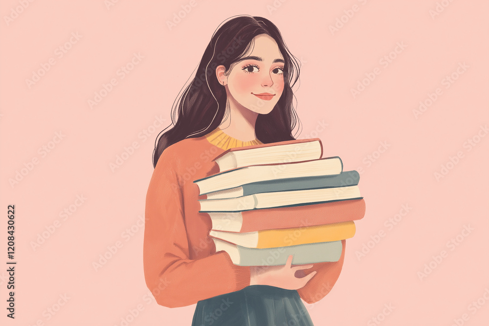 A girl is holding a stack of books A girl is holding a stack of books
