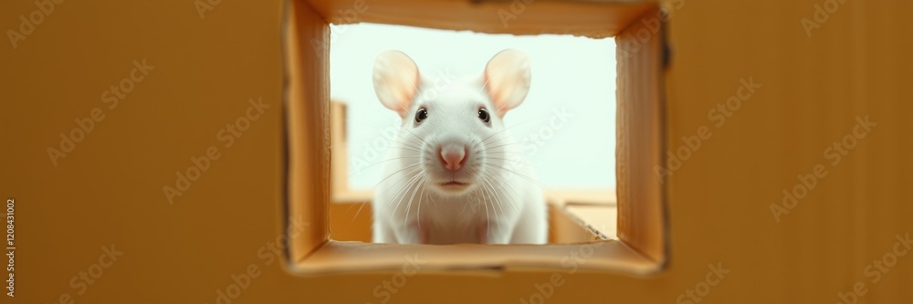 Fototapeta premium Curious white rat exploring cardboard maze with big ears and expressive face