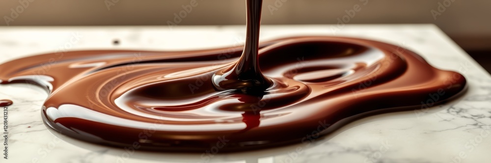 Rich, glossy chocolate syrup elegantly cascading and pooling on a smooth marble surface, creating an indulgent and inviting atmosphere, highlighted by warm lighting Rich, glossy chocolate syrup elegantly cascading and pooling on a smooth marble surface, creating an indulgent and inviting atmosphere, highlighted by warm lighting