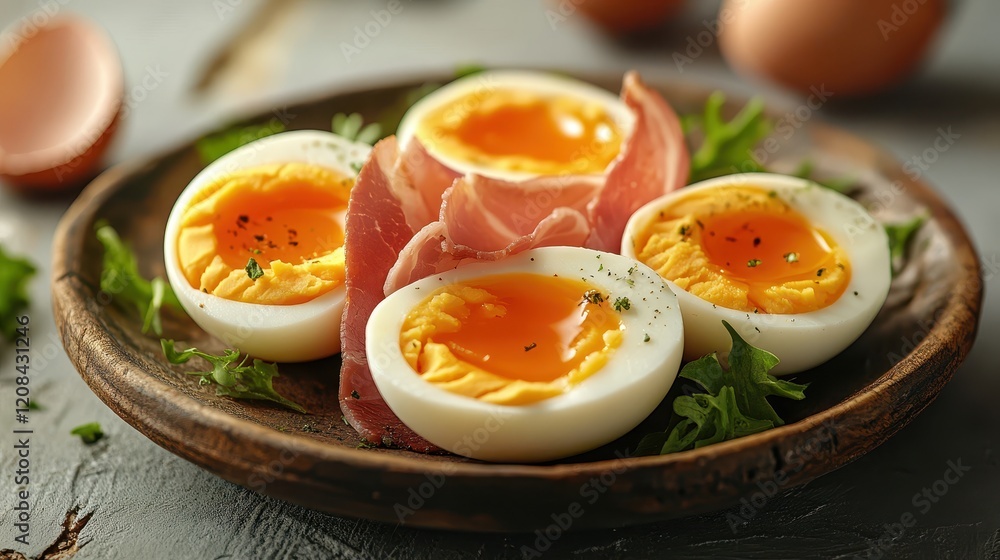 Easter brunch delight: eggs with ham garnished with fresh herbs in ultra-realistic style Easter brunch delight: eggs with ham garnished with fresh herbs in ultra-realistic style