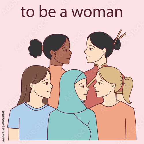 An illustration celebrating diversity and unity among women from various backgrounds. The group includes women of different ethnicities, hairstyles, and cultural attire, promoting empowerment and soli