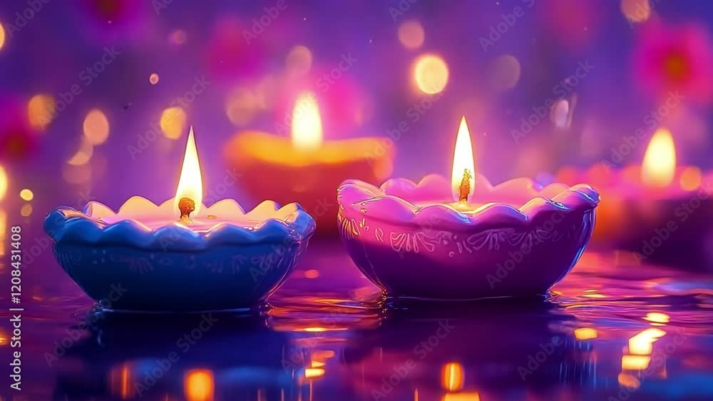 Colorful diyas candles illuminate a serene water surface during a festive Diwali evening celebration Colorful diyas candles illuminate a serene water surface during a festive Diwali evening celebration