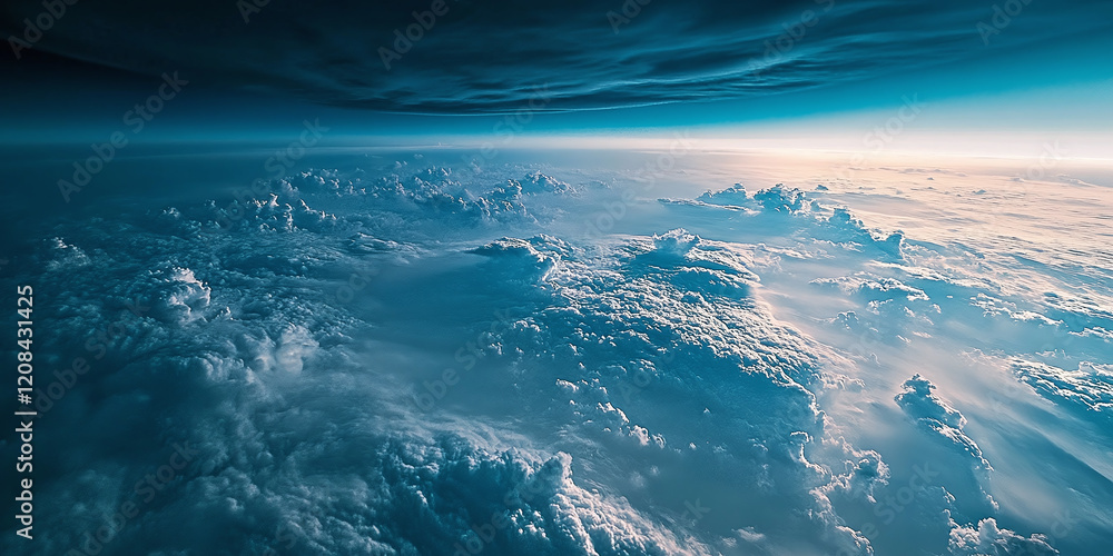Fototapeta premium A stunning aerial view of fluffy white clouds floating under a clear blue sky, capturing the beauty and serenity of nature from above with a dreamy atmosphere.