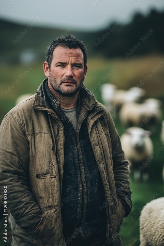 Portrait of a rugged farmer in a rural landscape, surrounded by sheep, wearing a weathered jacket and looking contemplative. Portrait of a rugged farmer in a rural landscape, surrounded by sheep, wearing a weathered jacket and looking contemplative.