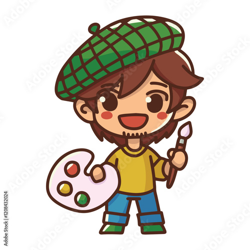 A smiling young artist holding a palette and brush, dressed in a beret. A charming illustration capturing the joy and creativity of painting and artistic exploration