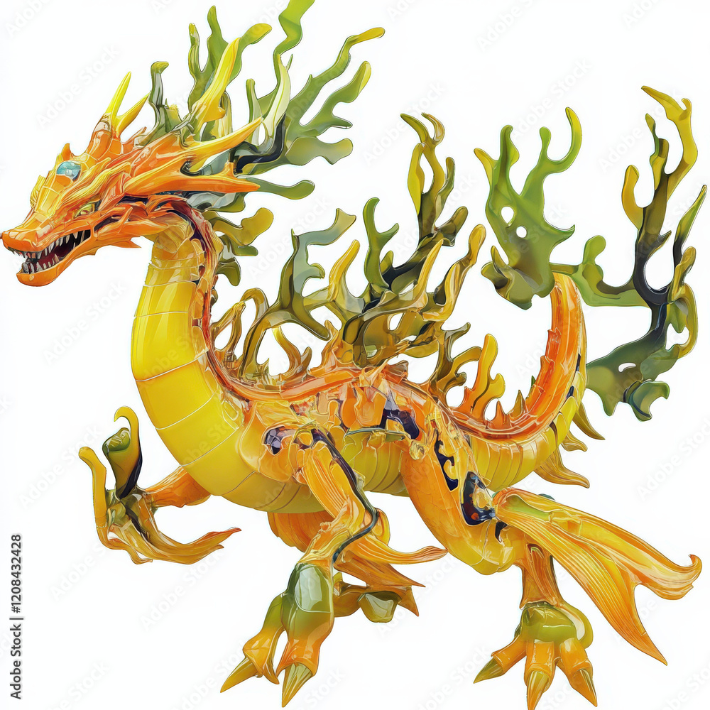 Fototapeta premium Golden Dragon with Algae Mane, Dynamic Pose.