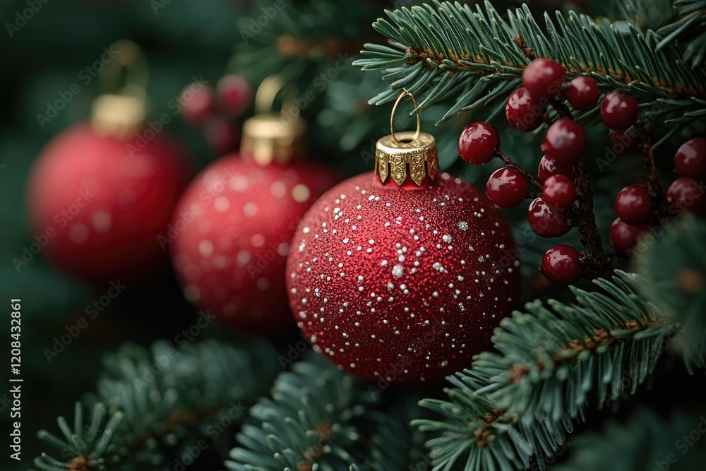 Fototapeta premium A detailed view of a bright red Christmas decoration hung on a tree, perfect for holiday-themed designs and promotions