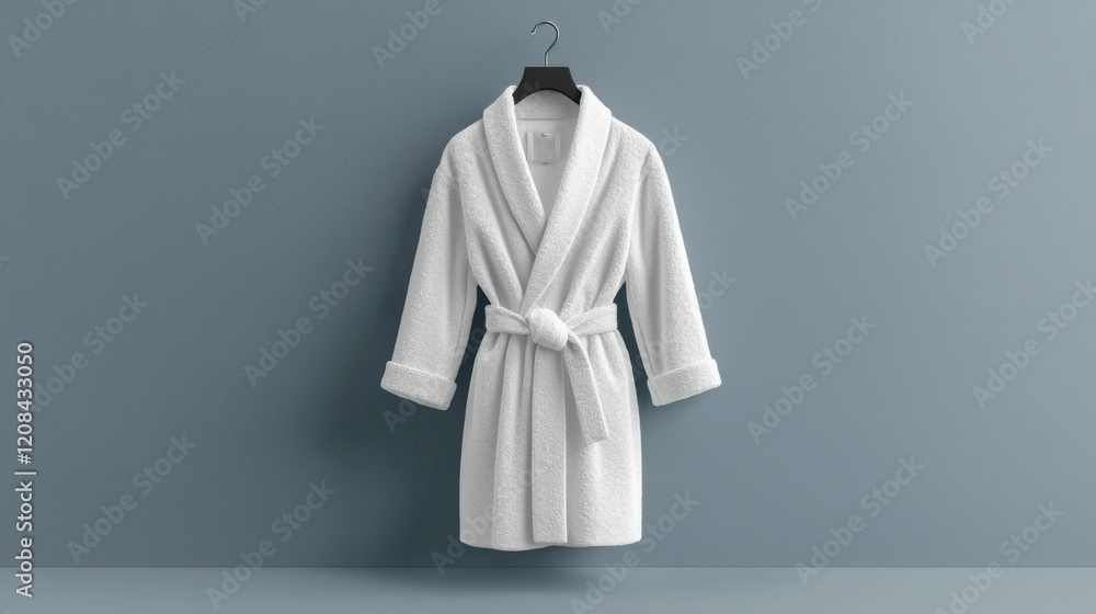 A white fluffy bathrobe elegantly displayed on a hanger against a soft blue wall. Perfect for showcasing comfort and luxury in home wear. A white fluffy bathrobe elegantly displayed on a hanger against a soft blue wall. Perfect for showcasing comfort and luxury in home wear.