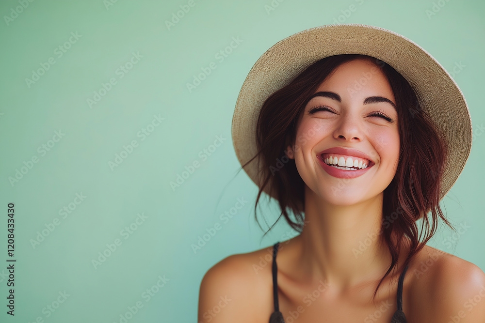 A woman wearing a straw hat is smiling and looking at the camera A woman wearing a straw hat is smiling and looking at the camera