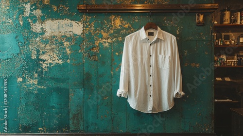 A stylish white shirt is neatly hung against a textured teal wall, showcasing a clean and trendy design suitable for modern fashion.