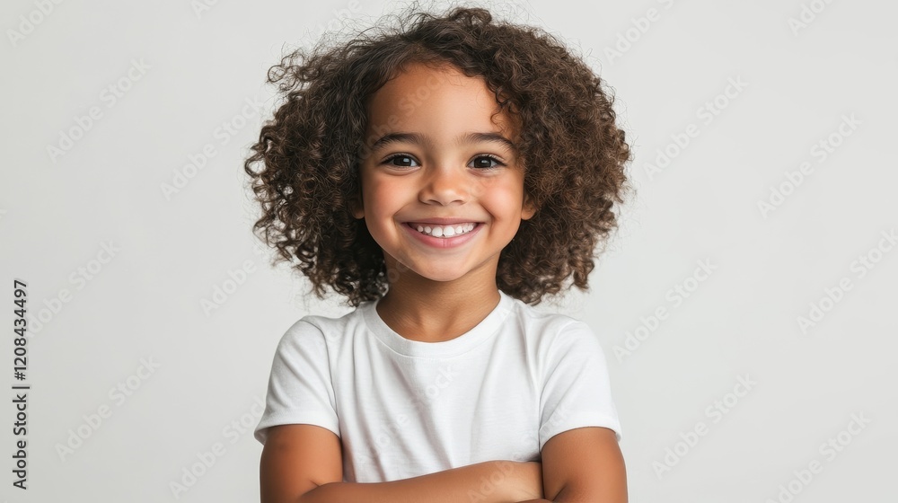Bright and joyful portrait of a young child with curly hair and a radiant smile, exuding happiness and innocence. Bright and joyful portrait of a young child with curly hair and a radiant smile, exuding happiness and innocence.