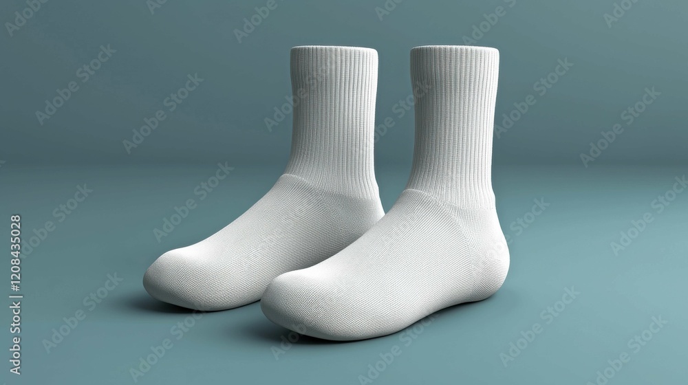 A pair of realistic white socks displayed against a simple background, showcasing textile details and design. Suitable for fashion branding and apparel mockups. A pair of realistic white socks displayed against a simple background, showcasing textile details and design. Suitable for fashion branding and apparel mockups.