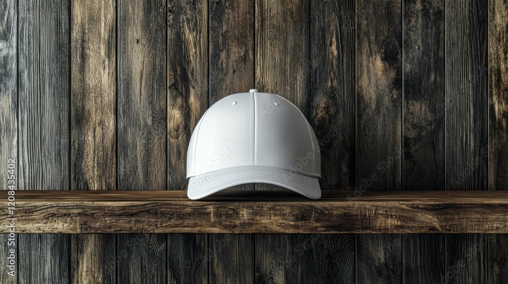 A stylish white cap is showcased on a rustic wooden shelf, highlighting its clean design against a background of textured wood. A stylish white cap is showcased on a rustic wooden shelf, highlighting its clean design against a background of textured wood.