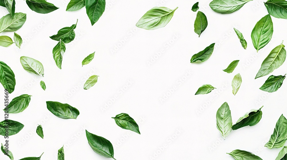 Fresh Basil Leaves Scattered on White Background for Culinary Use Fresh Basil Leaves Scattered on White Background for Culinary Use