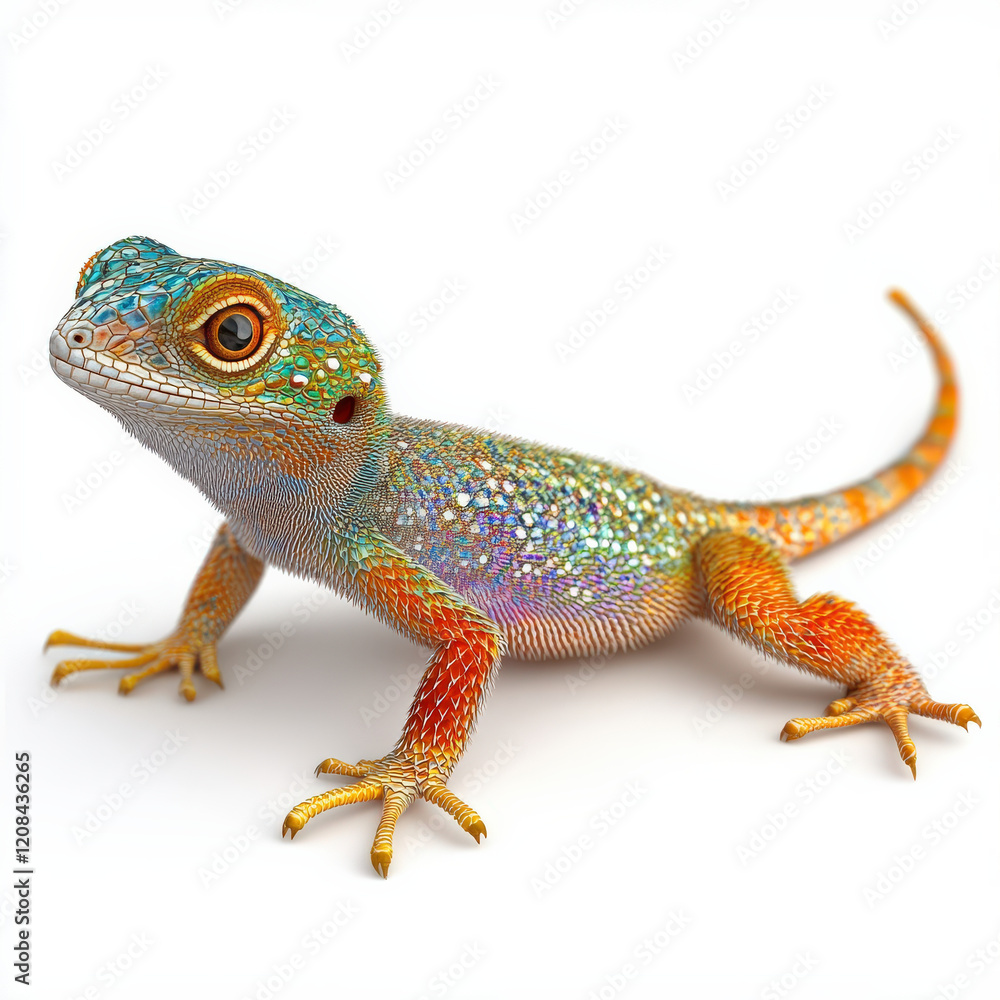 Fototapeta premium Vibrant iridescent lizard, orange and teal scales.