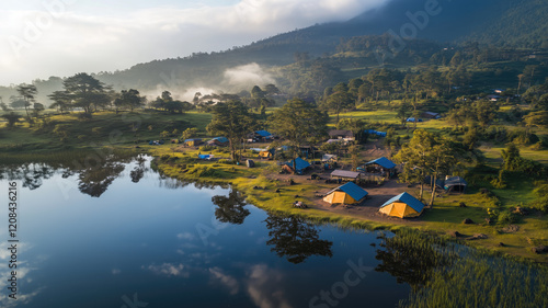 Aerial morning view of camping ground area by the Sermo Lake in Kulonprogo, Yogyakarta, Indonesia.


 photo