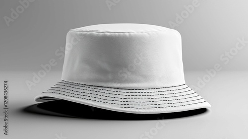 A stylish white bucket hat featuring a striped band showcased against a gray background. Perfect for outdoor adventures and casual fashion.
