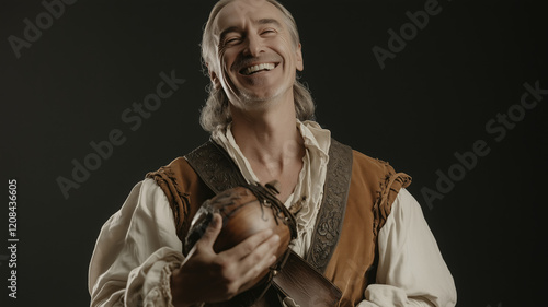 A slim and handsome man, 50 years old, with slicked-back blond hair, wearing common medieval bard clothing, holding a cuica, laughing ironically at the camera, full body view, photoshoot angle, realis photo