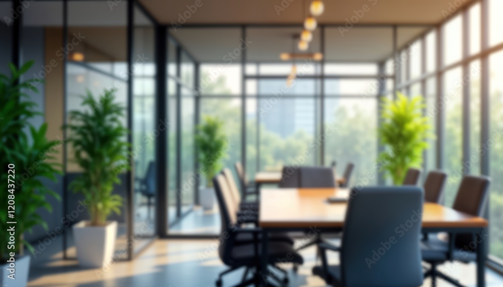 Fototapeta premium Modern office interior with large windows. Blurry chairs, conference table visible. Natural light fills space. Empty room likely in modern building. Suggests business corporate environment clinic.