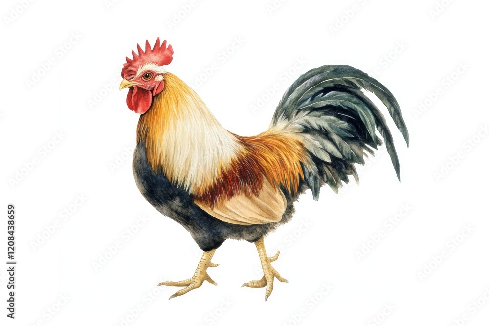 Colorful rooster stands proudly, showcasing vibrant plumage and Colorful rooster stands proudly, showcasing vibrant plumage and