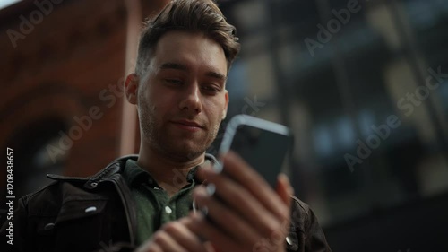 Close-up portrait of stylishly dressed young man standing on city street, with smile on face using smartphone to check messages, browse internet, stay connected enjoying urban environment, slowmo.