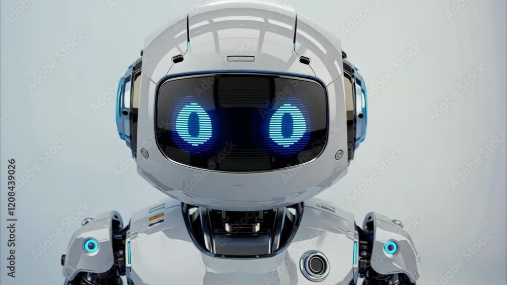 cute mini AI robot on white background with copy space. AI vs human competition. AI-robot face stock image. realism. The concept of future training. cute mini AI robot on white background with copy space. AI vs human competition. AI-robot face stock image. realism. The concept of future training.