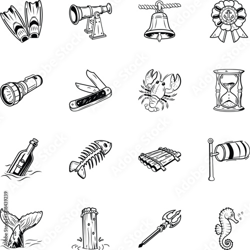 Bundle of Hand Drawn Marine Icons 


