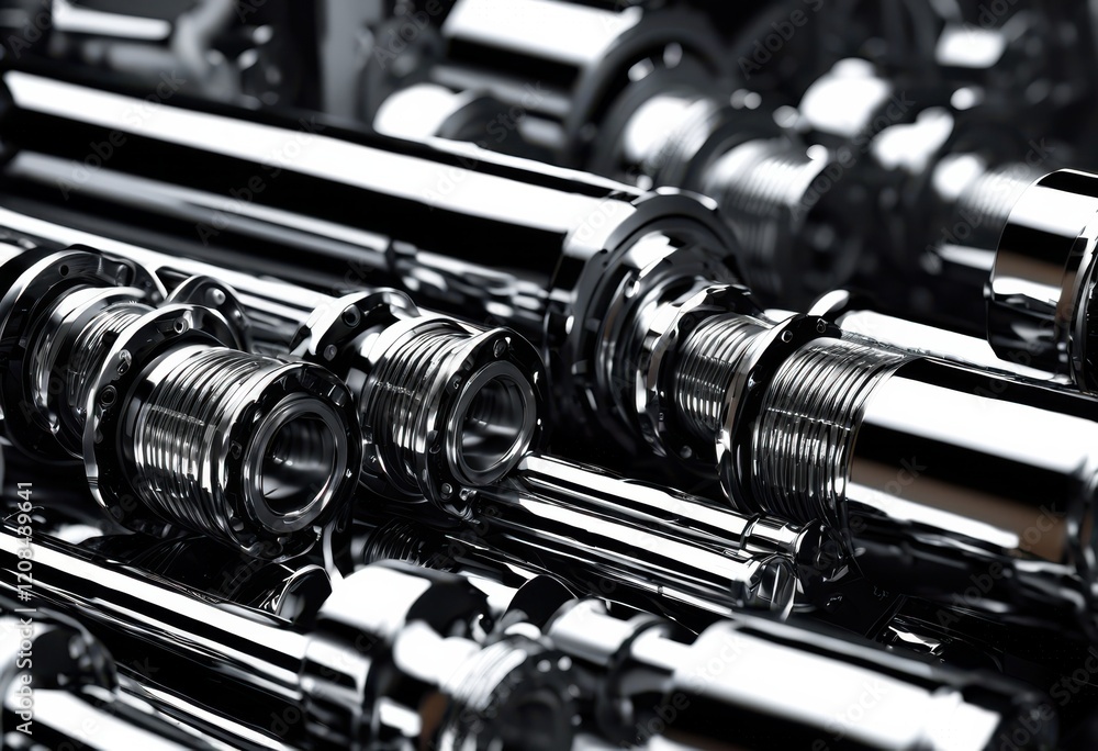 Naklejka premium detailed close glossy industrial chrome texture showcasing complex machinery components reflective surfaces, alloy, assembly, equipment, fabrication, feature