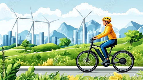 Sustainable Urban Commuting, a person on an e-bike riding along a green city pathway with wind turbines in the background