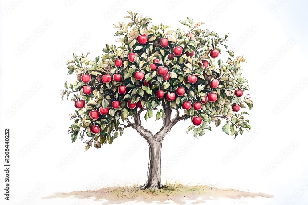 Drawing of an apple tree filled with ripe red apple isolated on a white background Drawing of an apple tree filled with ripe red apple isolated on a white background