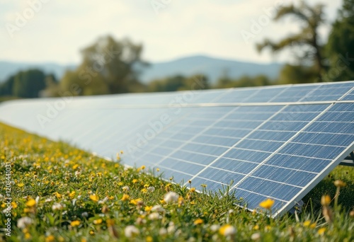 Huge field filled with efficient solar panel batteries producing clean energy under a vibrant sunset sky, showcasing renewable technology. photo