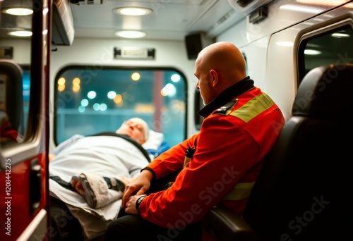EMS professional assesses and treats an injured patient while en route to the hospital in a medical transport vehicle.