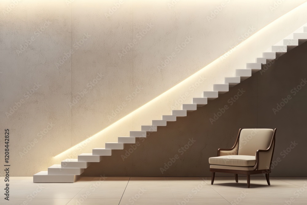 Modern minimalist staircase, illuminated wall, armchair, interior design Modern minimalist staircase, illuminated wall, armchair, interior design