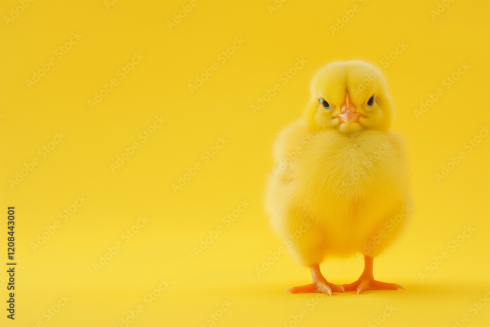 A yellow chick standing on a yellow background A yellow chick standing on a yellow background
