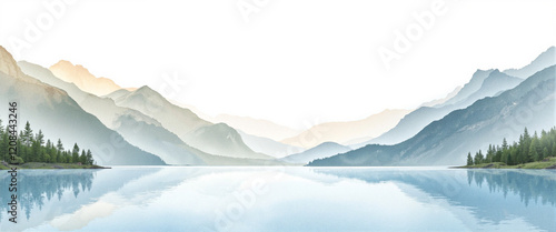 Serene landscape of misty mountains reflecting in a tranquil lake with soft pastel hues creating a peaceful atmosphere photo