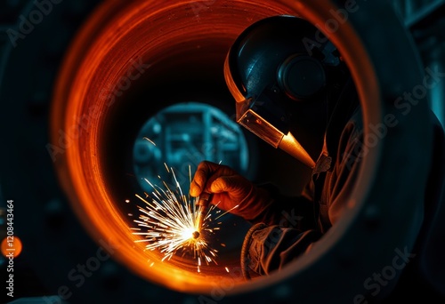 Welder focuses on welding inside a pipe, producing bright sparks in a busy industrial environment during work hours.