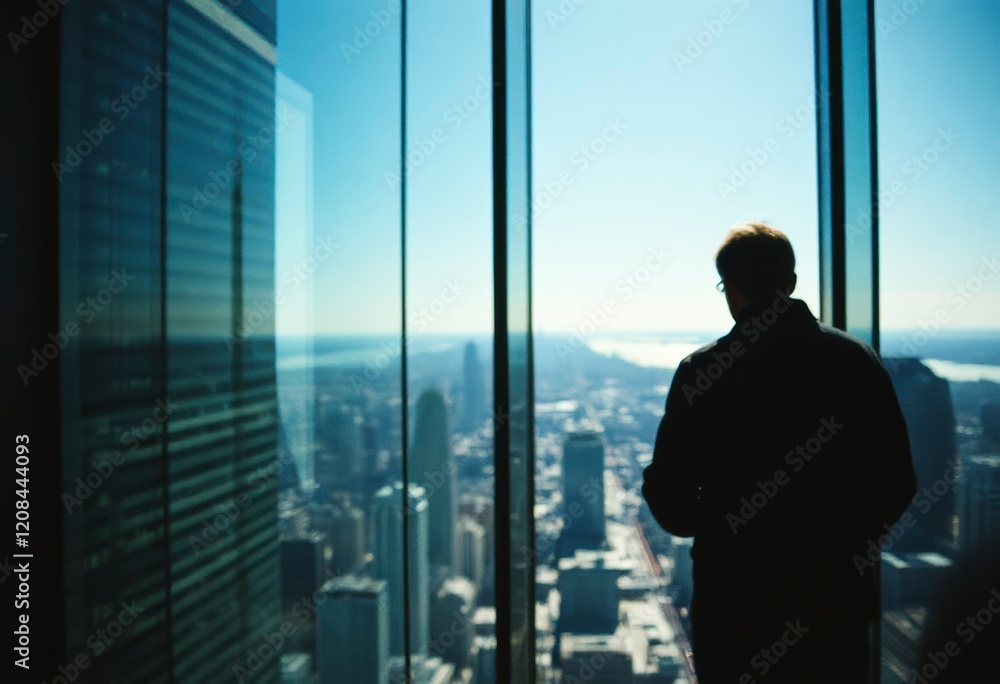 Individual stands by panoramic window in a skyscraper, observing the city skyline as twilight casts a beautiful glow. Individual stands by panoramic window in a skyscraper, observing the city skyline as twilight casts a beautiful glow.