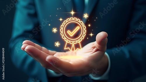 business people showing ideas warranty, international standard, ISO quality certification and quality guarantee mark,Excellent accreditation in the industry,Certified product symbol
