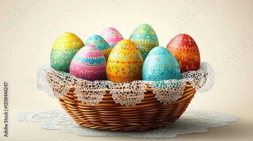 Colorful easter eggs in woven basket with lace doily for holiday decoration
