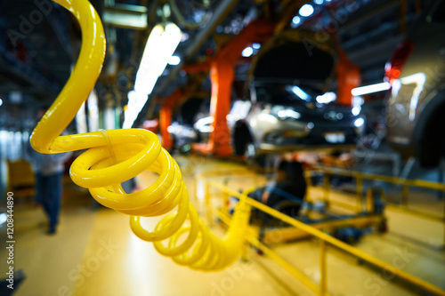 Obraz na plátne Yellow plastic compressed air hose for working pneumatic tools