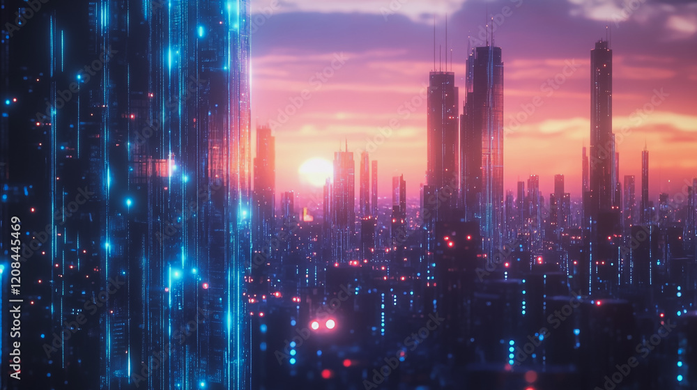 Fototapeta premium Smart digital Innovation city with connection network reciprocity over the cityscape. of future smart wireless digital city and social media networking systems that connects people with in city