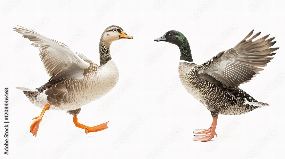 Playful Goose and Duck in Closeup Isolated on White Background Playful Goose and Duck in Closeup Isolated on White Background