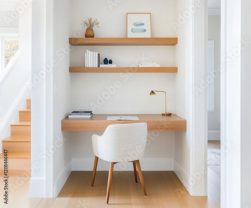 Compact home office with a small desk, ergonomic chair, and wall mounted shelves to optimize space