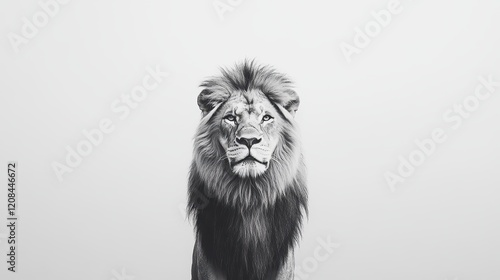 Majestic male lion portrait in black and white on minimalist background