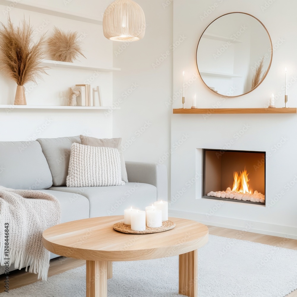 Fototapeta premium Cozy living room with a modern fireplace, Scandinavian interior design of a small home office with no people, soft, warm lighting from candles
