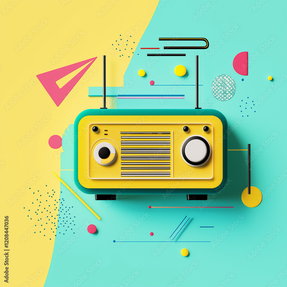 Obraz premium Retro-Radio in lebhafter Farbkulisse mit geometrischen Formen
