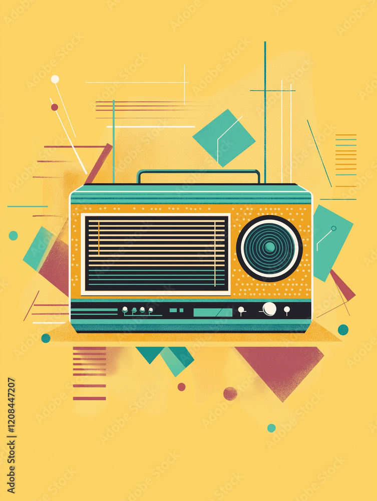 Obraz premium Retro-Radio in lebhafter Farbkulisse mit geometrischen Formen