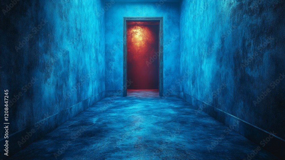 Fototapeta premium A blue hallway with a red door