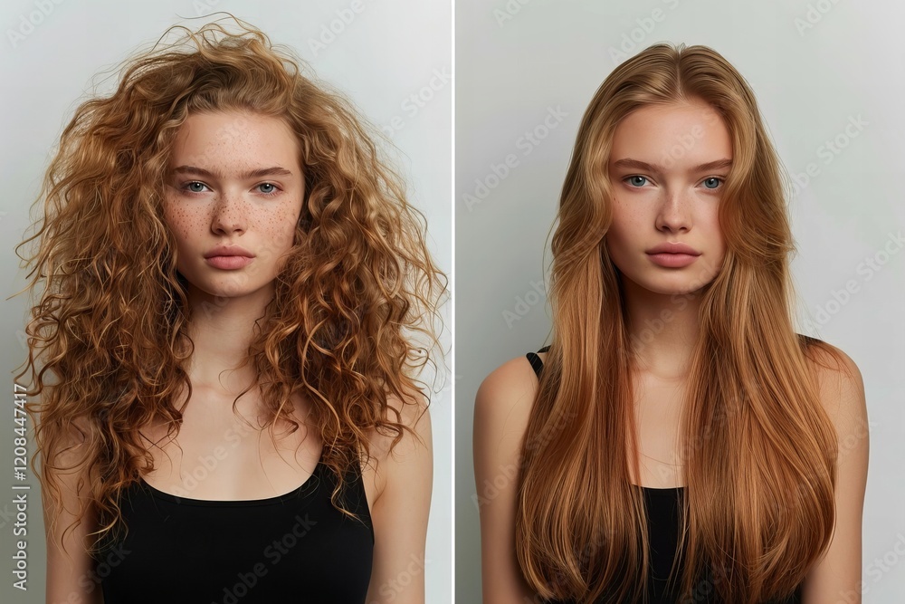 Transformation of Woman's Hair from Curly to Straight on a Grey Background Transformation of Woman's Hair from Curly to Straight on a Grey Background